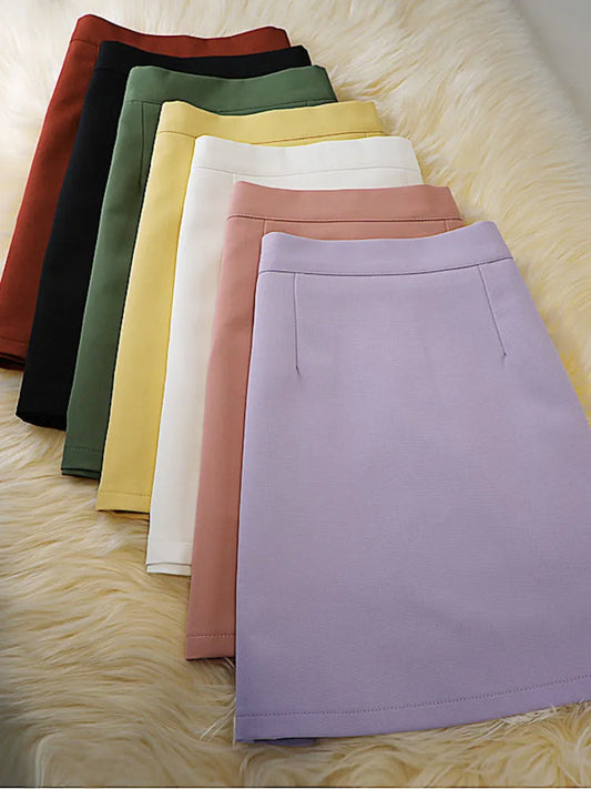 New Women Elegant Knee-length A-line Skirts Summer Office Korean Style Solid Color High Waist Casual Simple All-match Skirt