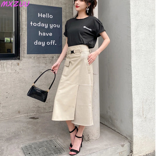 Women Clothes 2023 Spring Genuine Leather Falda Midi Mujer Sheepskin Beige High Waist A-line Maxi Skirt Front Slit Korean Style